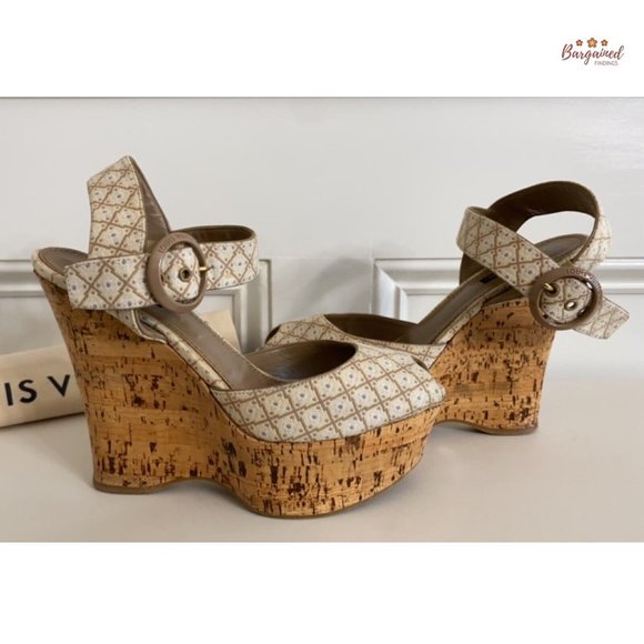Authentic Louis Vuitton Cream Beige Printed Wedge Cork Platform Sandals 39.5/9.5 - Picture 3 of 14